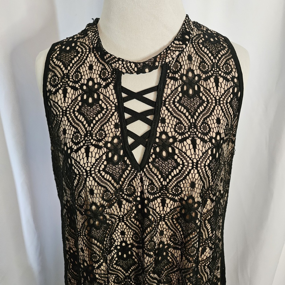 Wishful Park Shift A-line Dress Women Size L Black Tan Lined Lattice Sleeveless - Picture 3 of 9